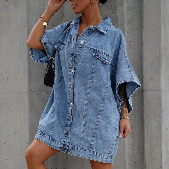 Blue Casual Women's button front mini Denim Dress - Picture 4 of 6